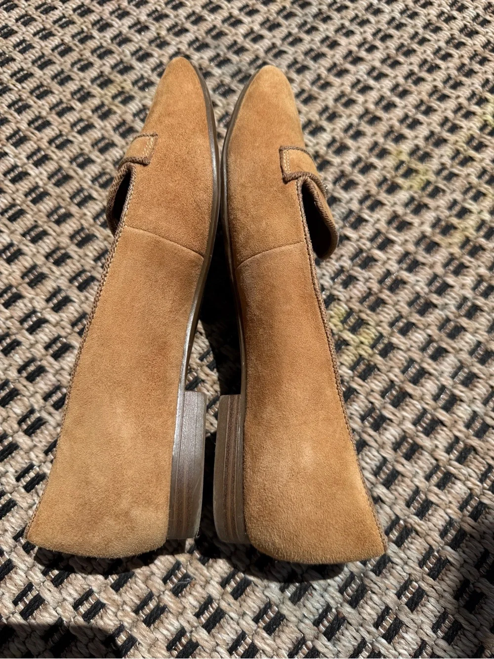 Anne Klein tan Camel Suede Slip-On Loafers with gold crest luxury